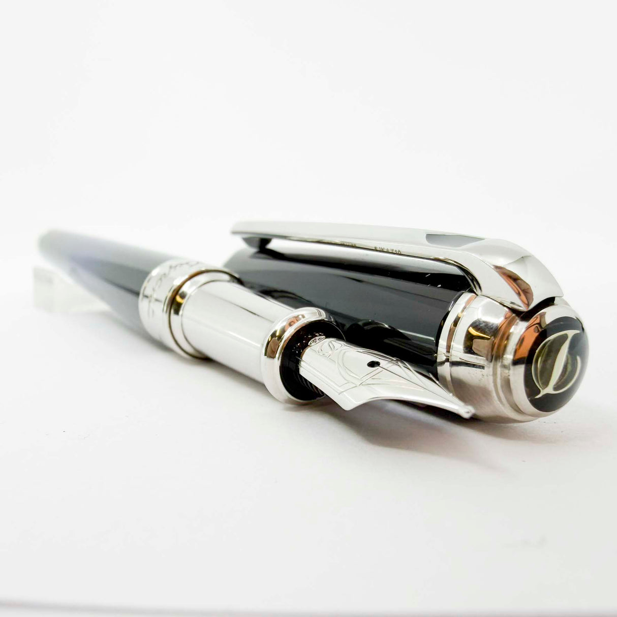 S. T. Dupont Line D Eternity Blue & Black Lacquer Medium Fountain Pen - Palladium Plated Trim - Medium 14kt Gold Nib