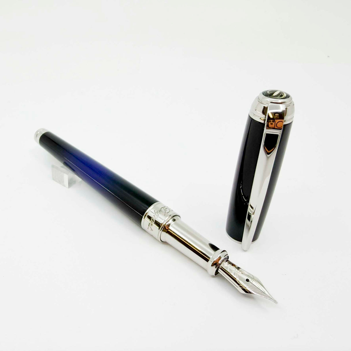 S. T. Dupont Line D Eternity Blue & Black Lacquer Medium Fountain Pen - Palladium Plated Trim - Medium 14kt Gold Nib