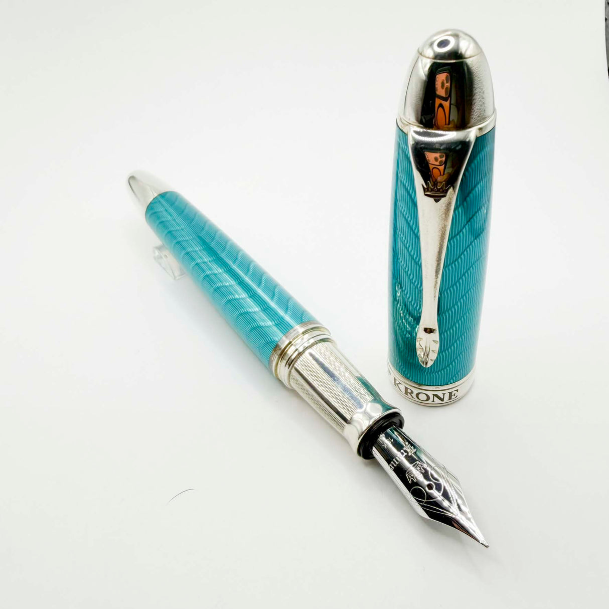 Krone Heavy Sterling Silver Oversized Fountain Pen - Translucent Turquoise Enamel overlaying the Sterling Silver Body of Guilloched Wave Design - Medium 18kt Gold Nib
