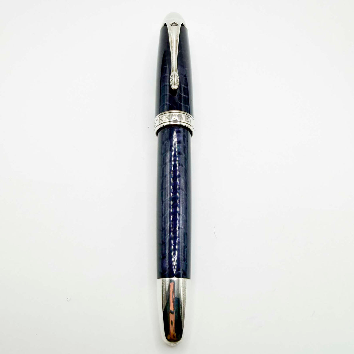 Krone Heavy Sterling Silver Oversized Fountain Pen - Translucent Dark Blue Enamel overlaying the Sterling Silver Body of Guilloched Wave Design - Medium 18kt Gold Nib