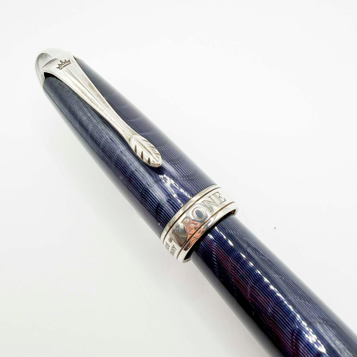 Krone Heavy Sterling Silver Oversized Fountain Pen - Translucent Dark Blue Enamel overlaying the Sterling Silver Body of Guilloched Wave Design - Medium 18kt Gold Nib