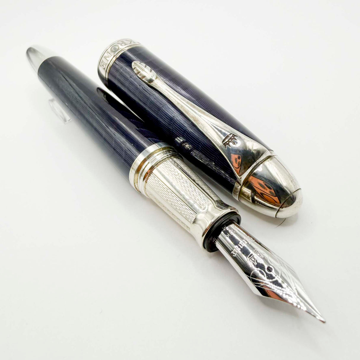 Krone Heavy Sterling Silver Oversized Fountain Pen - Translucent Dark Blue Enamel overlaying the Sterling Silver Body of Guilloched Wave Design - Medium 18kt Gold Nib