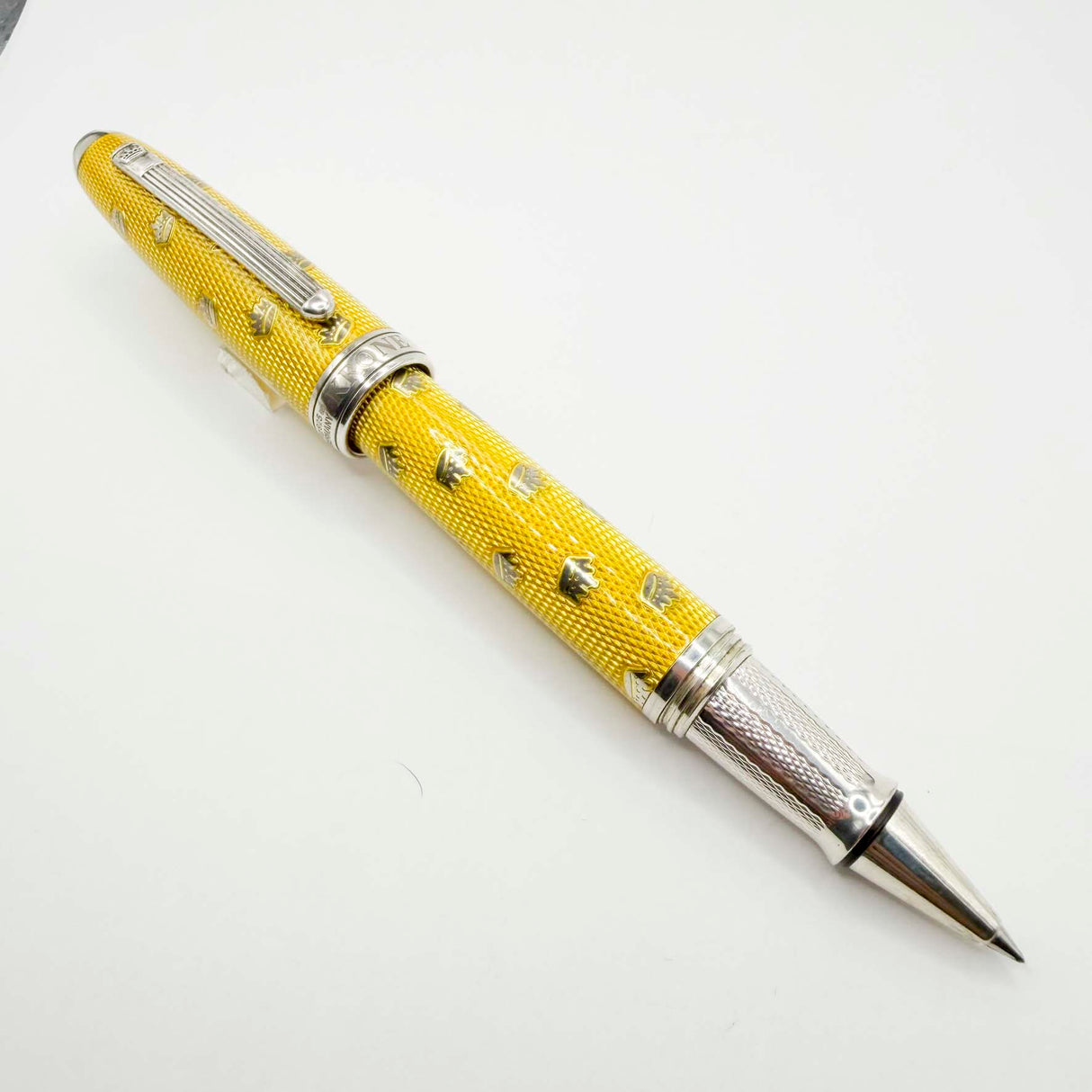 Krone Kronology Heavy Sterling Silver Oversized Rollerball - Translucent Yellow Enamel overlaying the Guilloched Sterling Silver Body plus Scattered Crowns Engraved