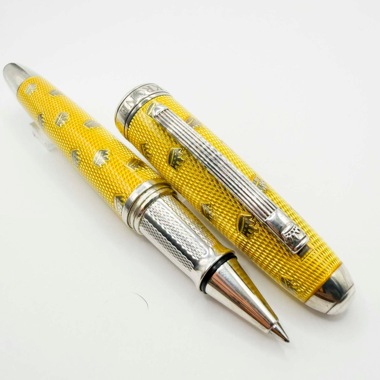 Krone Kronology Heavy Sterling Silver Oversized Rollerball - Translucent Yellow Enamel overlaying the Guilloched Sterling Silver Body plus Scattered Crowns Engraved