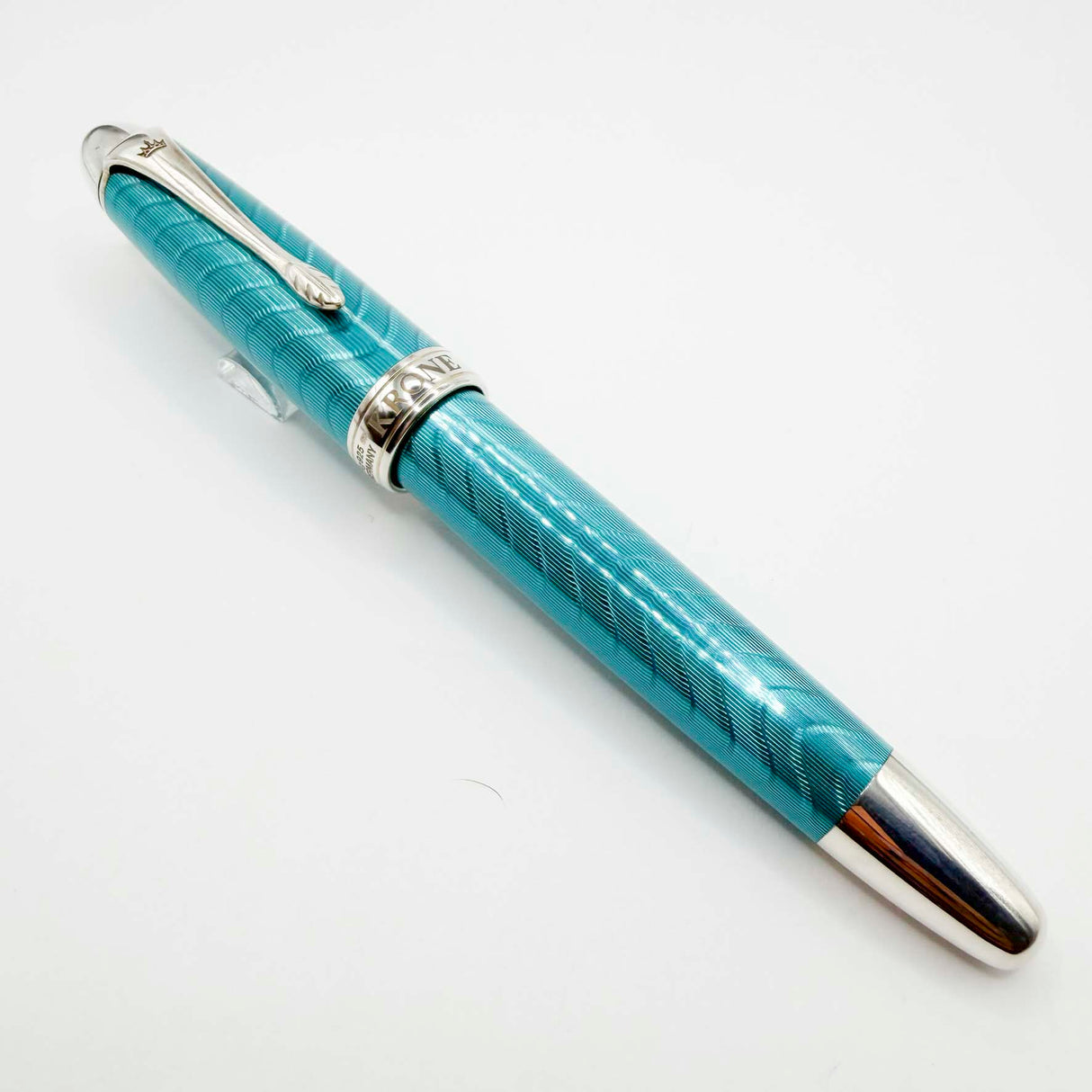 Krone Heavy Sterling Silver Oversized Fountain Pen - Translucent Turquoise Enamel overlaying the Sterling Silver Body of Guilloched Wave Design - Medium 18kt Gold Nib
