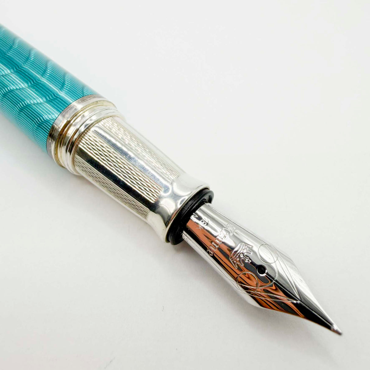 Krone Heavy Sterling Silver Oversized Fountain Pen - Translucent Turquoise Enamel overlaying the Sterling Silver Body of Guilloched Wave Design - Medium 18kt Gold Nib