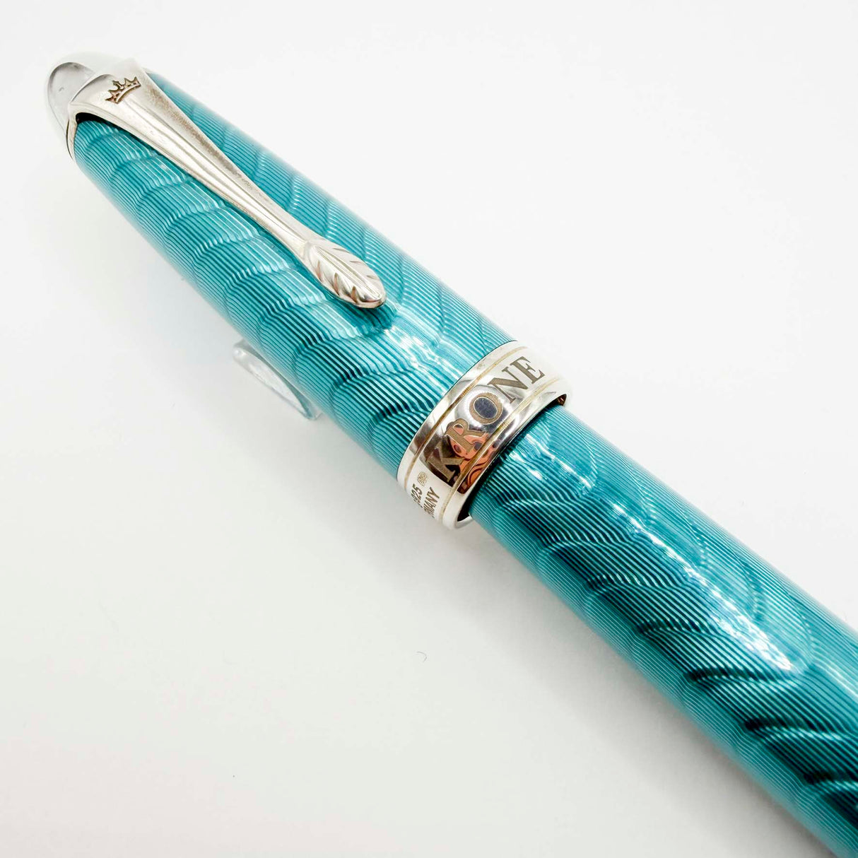 Krone Heavy Sterling Silver Oversized Fountain Pen - Translucent Turquoise Enamel overlaying the Sterling Silver Body of Guilloched Wave Design - Medium 18kt Gold Nib
