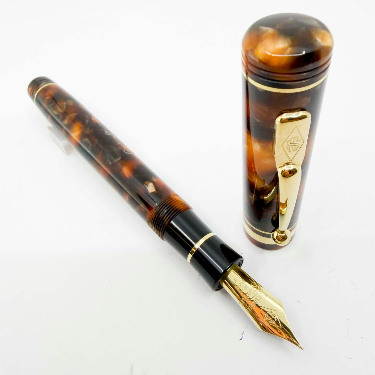 Conway Stewart Marble Brown Fountain Pen for Fountain Pen Hospital's 60th Anniversary #48 of 60 Pens- Fine 18kt Gold Nib - Cap Bands & Clip are 18kt Gold