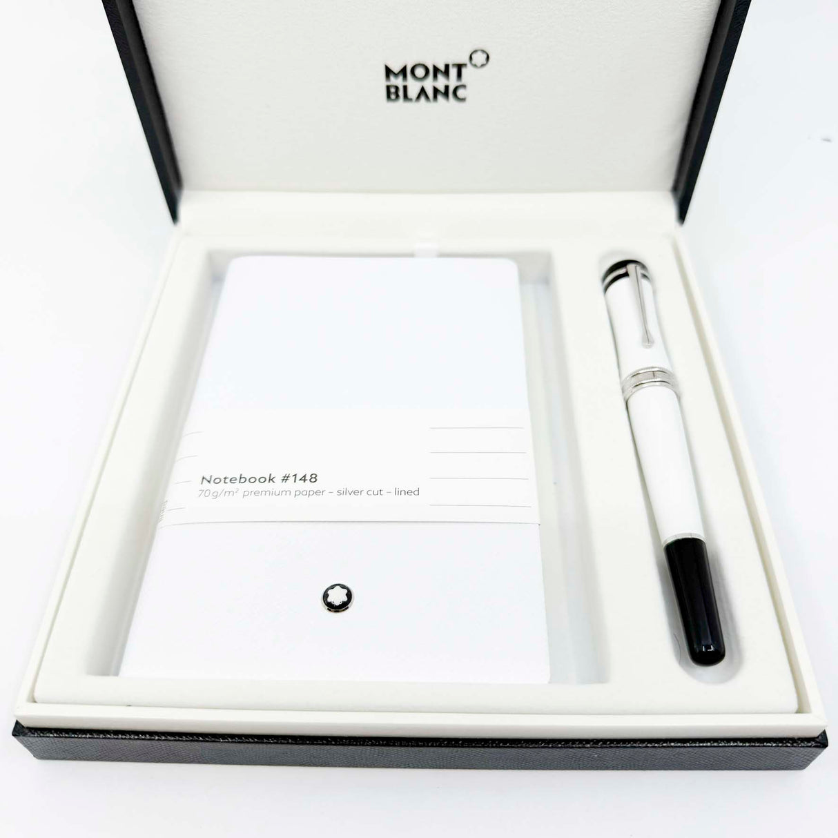 Montblanc Bonheur Black & White Resin Rollerball with White Leather Covered Montblanc Notebook