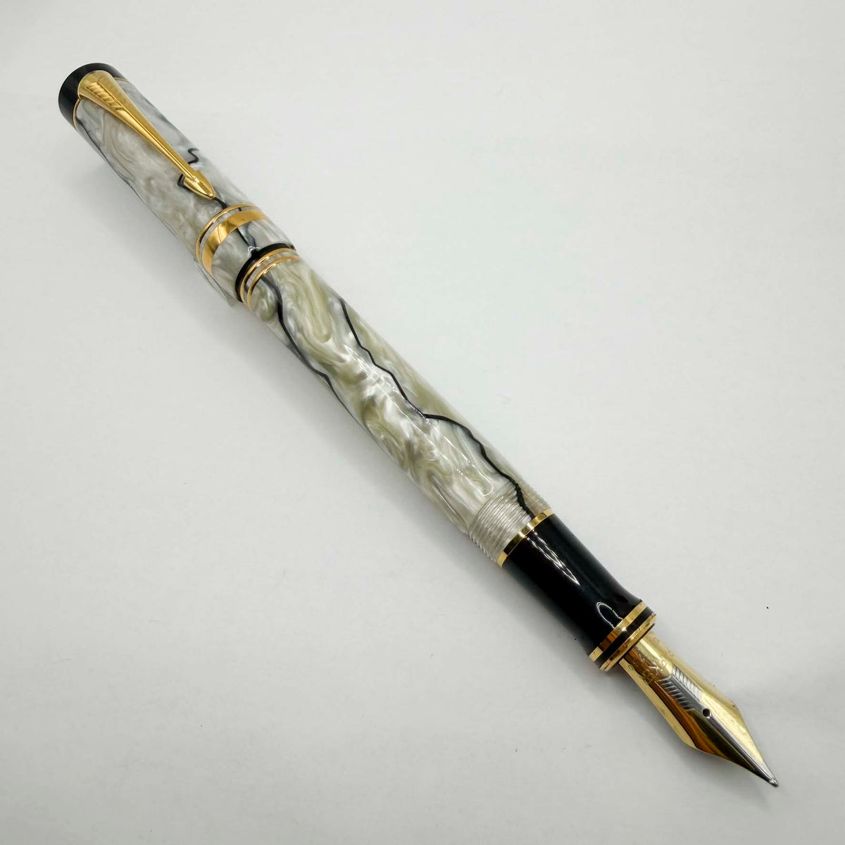 Parker Duofold Centennial (Largest Size) Lustrous Pearl & Black Fountain Pen - Medium 18kt Gold Nib