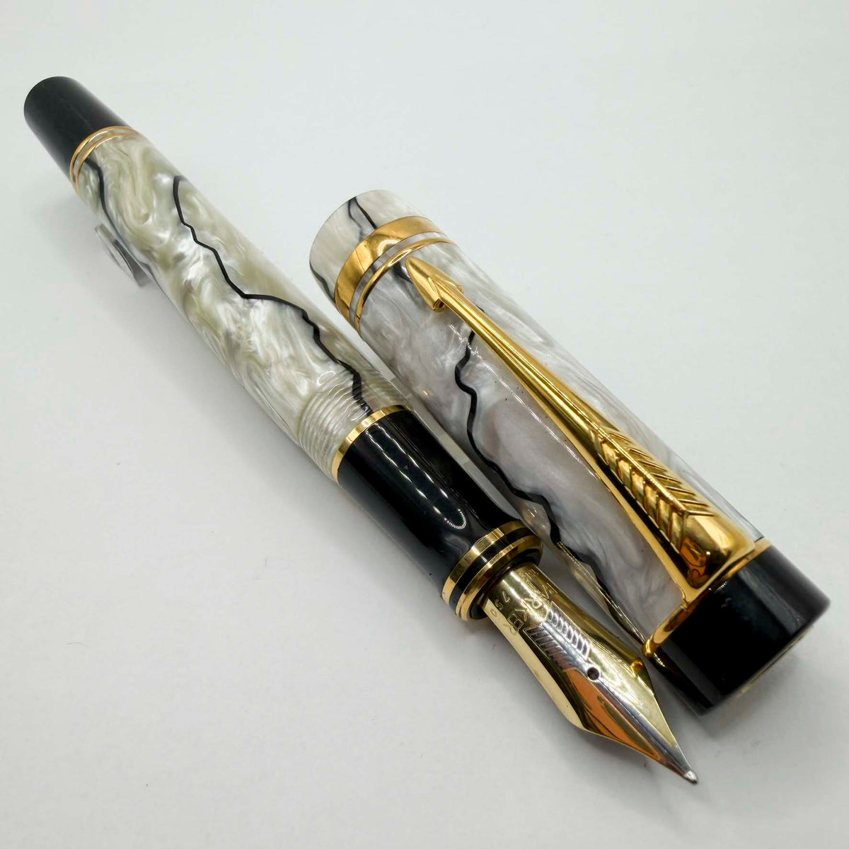 Parker Duofold Centennial (Largest Size) Lustrous Pearl & Black Fountain Pen - Medium 18kt Gold Nib