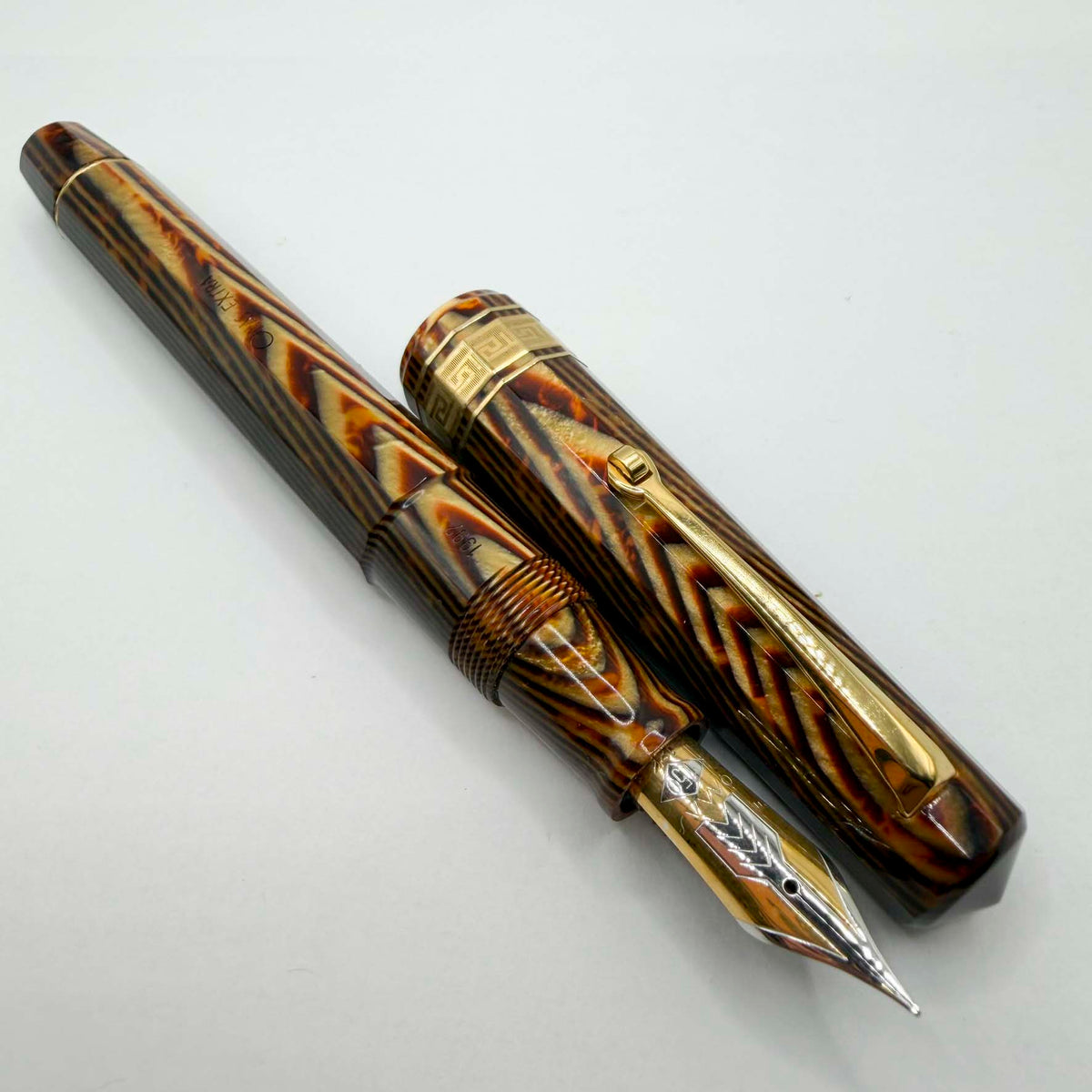 OMAS Paragon Extra/Original Body Style Facetted Arco Bronze Celluloid Fountain Pen in EXQUISITE ULTRA RARE SPINA/FISHBONE PATTERN - Fine 18kt Gold Nib - Factory Dated 1992 on Grip Section