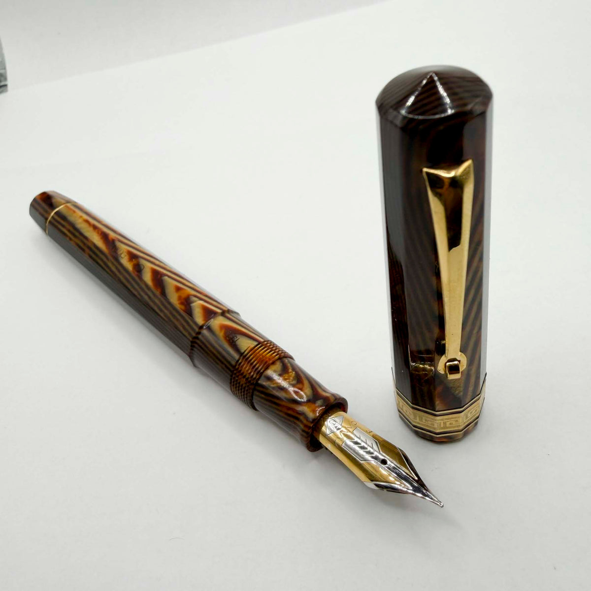 OMAS Paragon Extra/Original Body Style Facetted Arco Bronze Celluloid Fountain Pen in EXQUISITE ULTRA RARE SPINA/FISHBONE PATTERN - Fine 18kt Gold Nib - Factory Dated 1992 on Grip Section