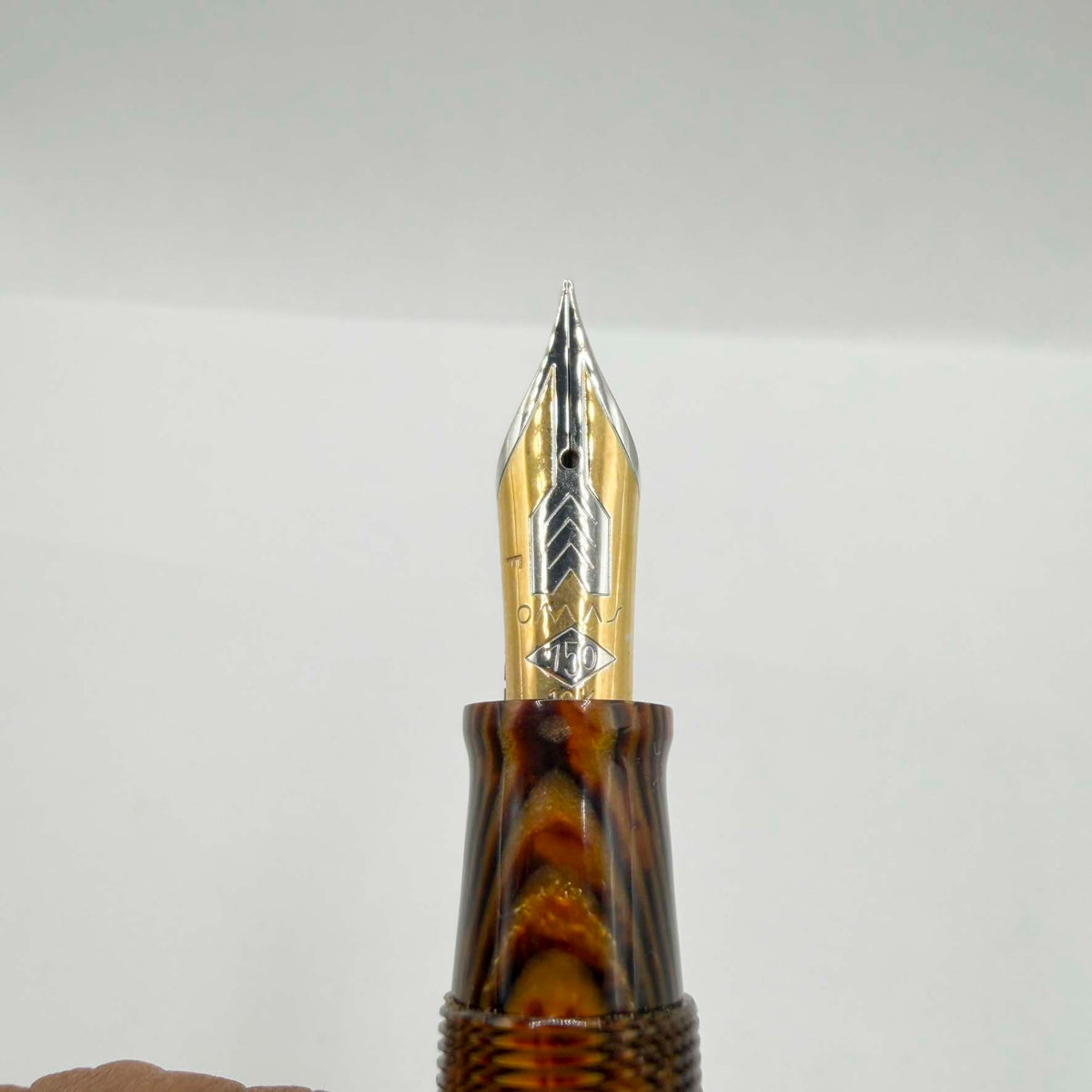 OMAS Paragon Extra/Original Body Style Facetted Arco Bronze Celluloid Fountain Pen in EXQUISITE ULTRA RARE SPINA/FISHBONE PATTERN - Fine 18kt Gold Nib - Factory Dated 1992 on Grip Section