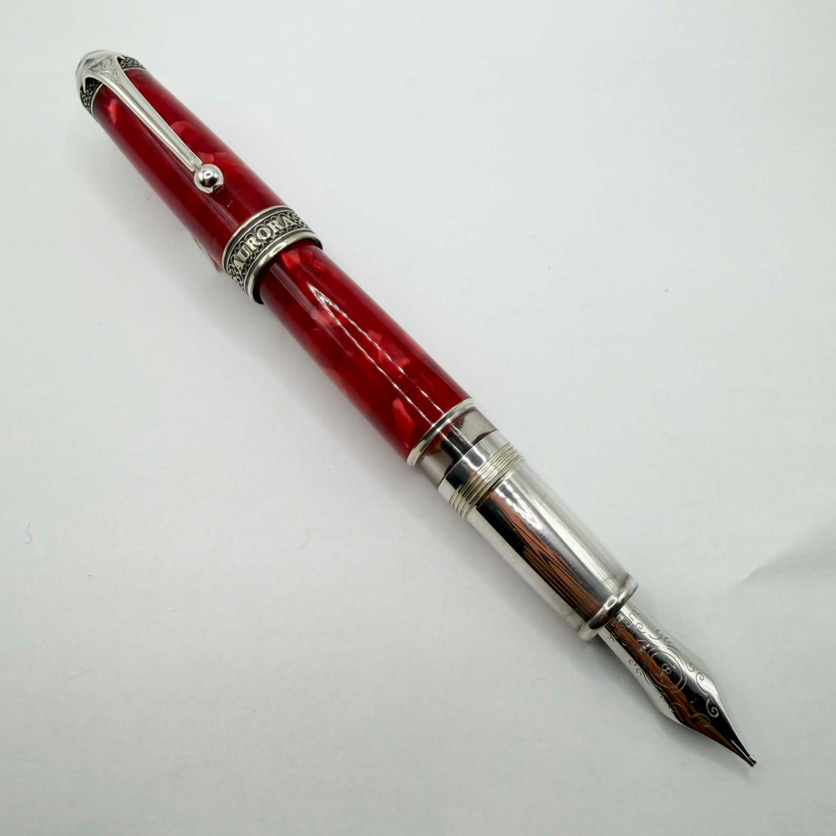 Aurora's 85th Anniversary Red Marble/Sterling Silver Limited Edition Fountain Pen - Broad 18kt Gold Nib