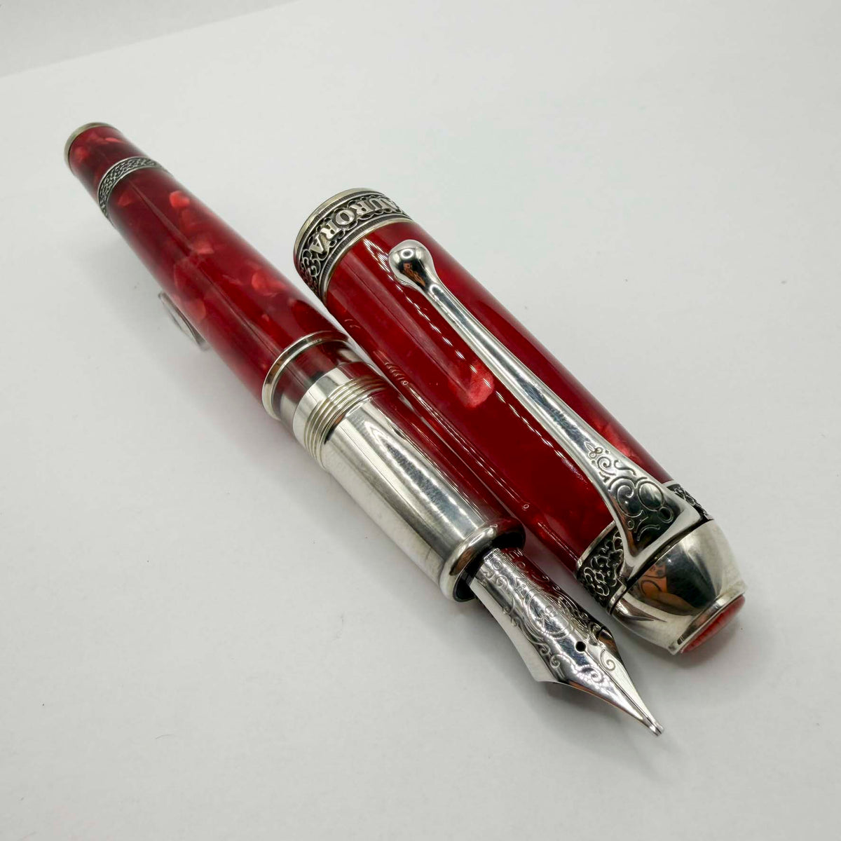 Aurora's 85th Anniversary Red Marble/Sterling Silver Limited Edition Fountain Pen - Broad 18kt Gold Nib