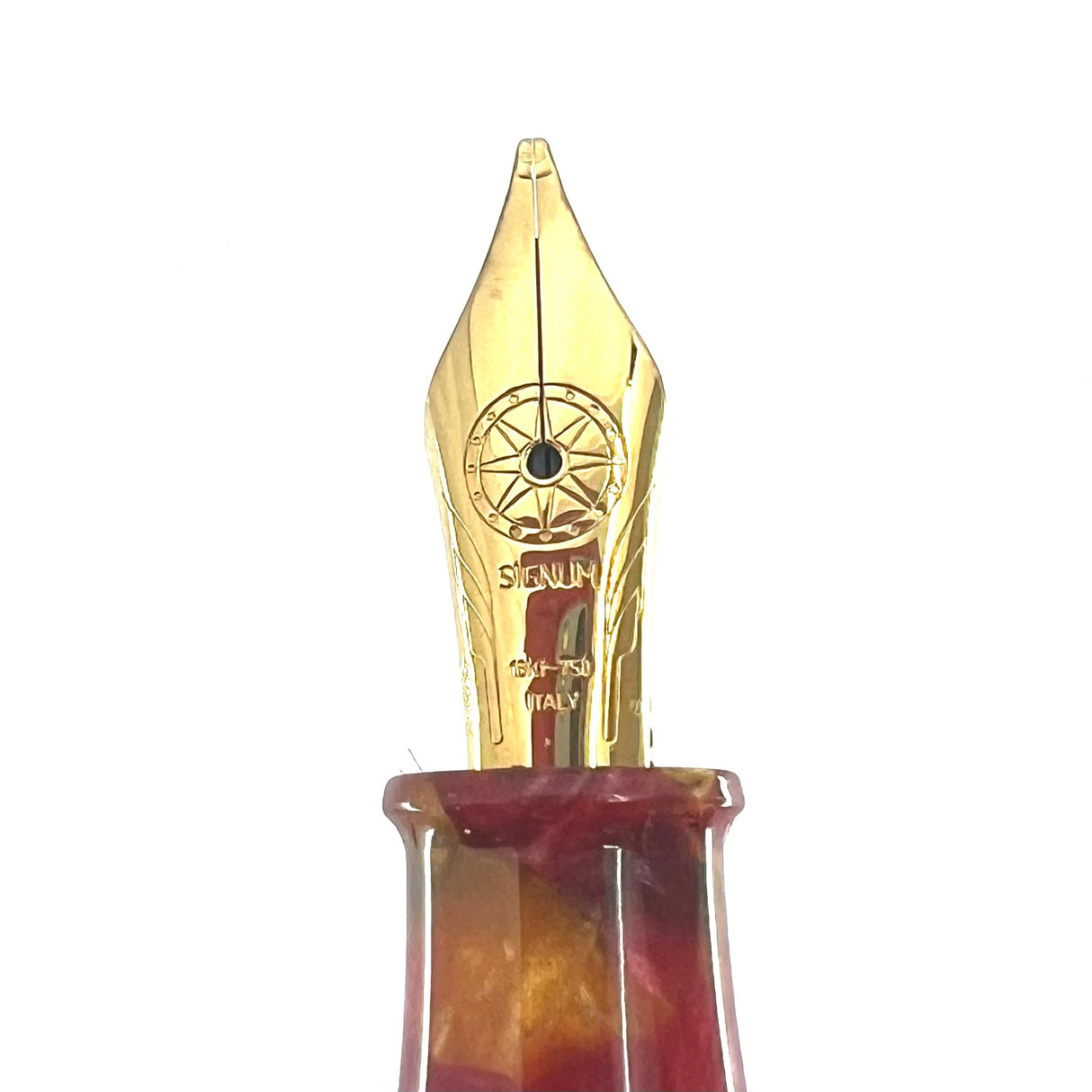 Signum (Italy) Lustrous Marbled Red & Orange  Fountain Pen - Broad 18kt Gold Nib