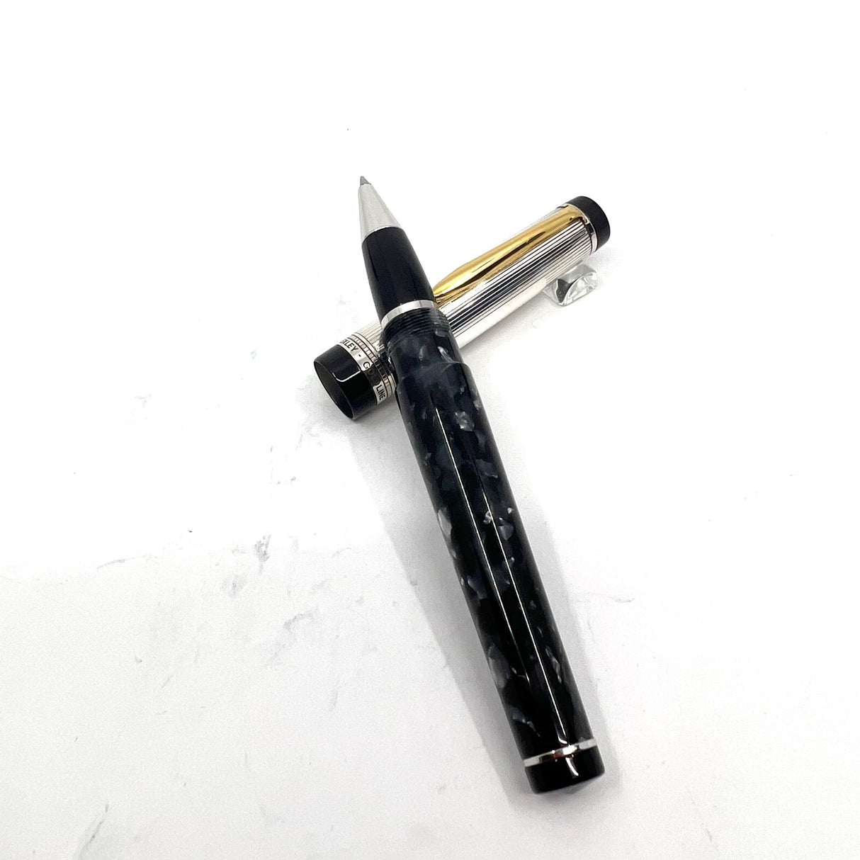 Bexley Goldline  Sterling Silver Cap Charcoal Gray Marble Rollerball