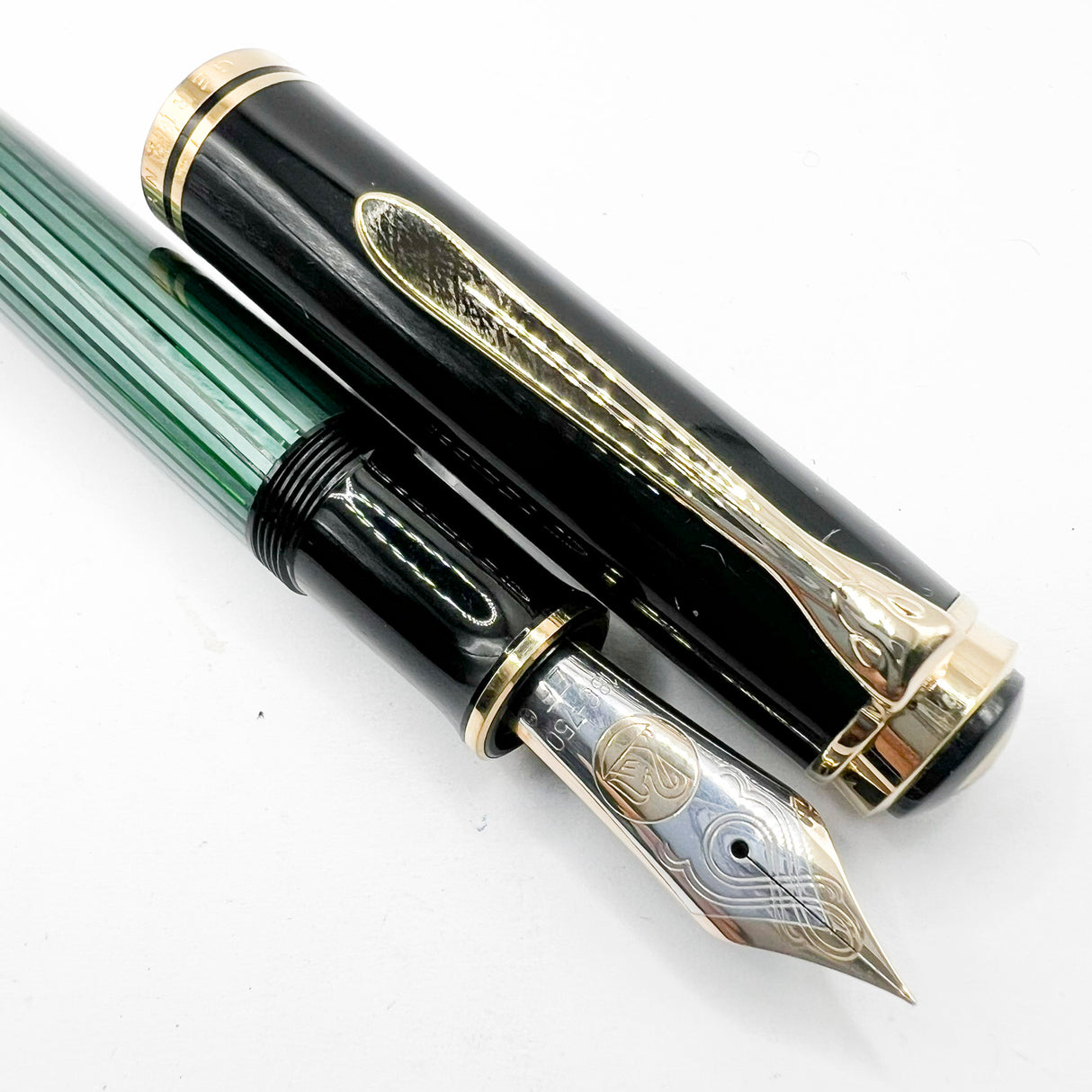Pelikan Early Souveran M1000 Green Striped Barrel/Black Cap Fountain Pen  - Extra Fine 18C Gold Nib