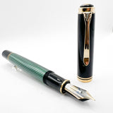 Pelikan Early Souveran M1000 Green Striped Barrel/Black Cap Fountain Pen  - Extra Fine 18C Gold Nib