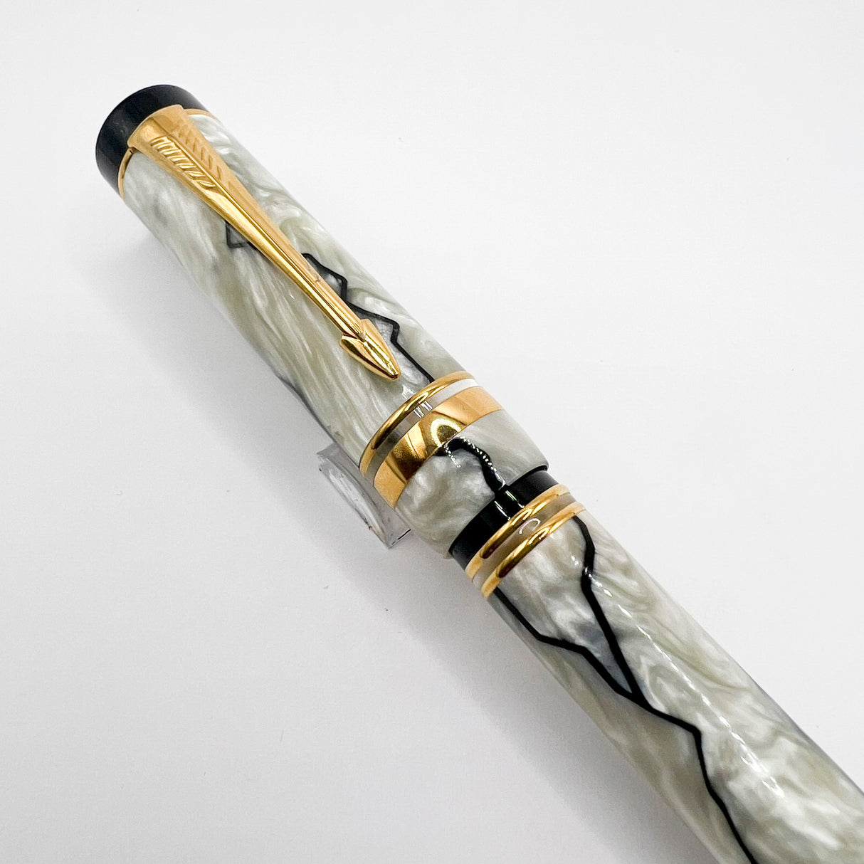 Parker Duofold International  Lustrous Pearl & Black Fountain Pen - Fine 18kt Gold Nib