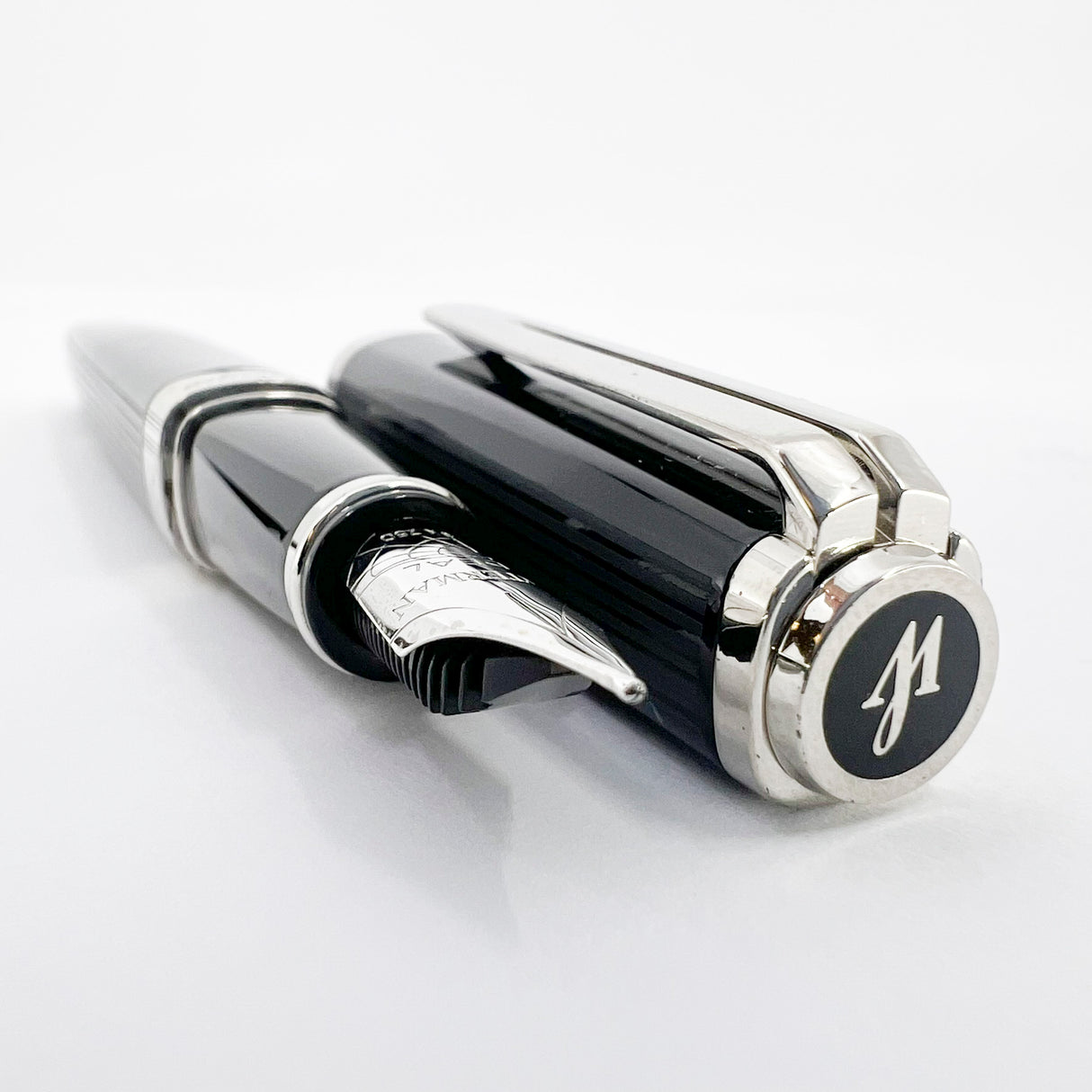 Waterman Oversized Exception Black Fountain Pen - 4-Sided Body  with 2 Sides of Charcoal Stripes -  Medium 18kt Gold Nib