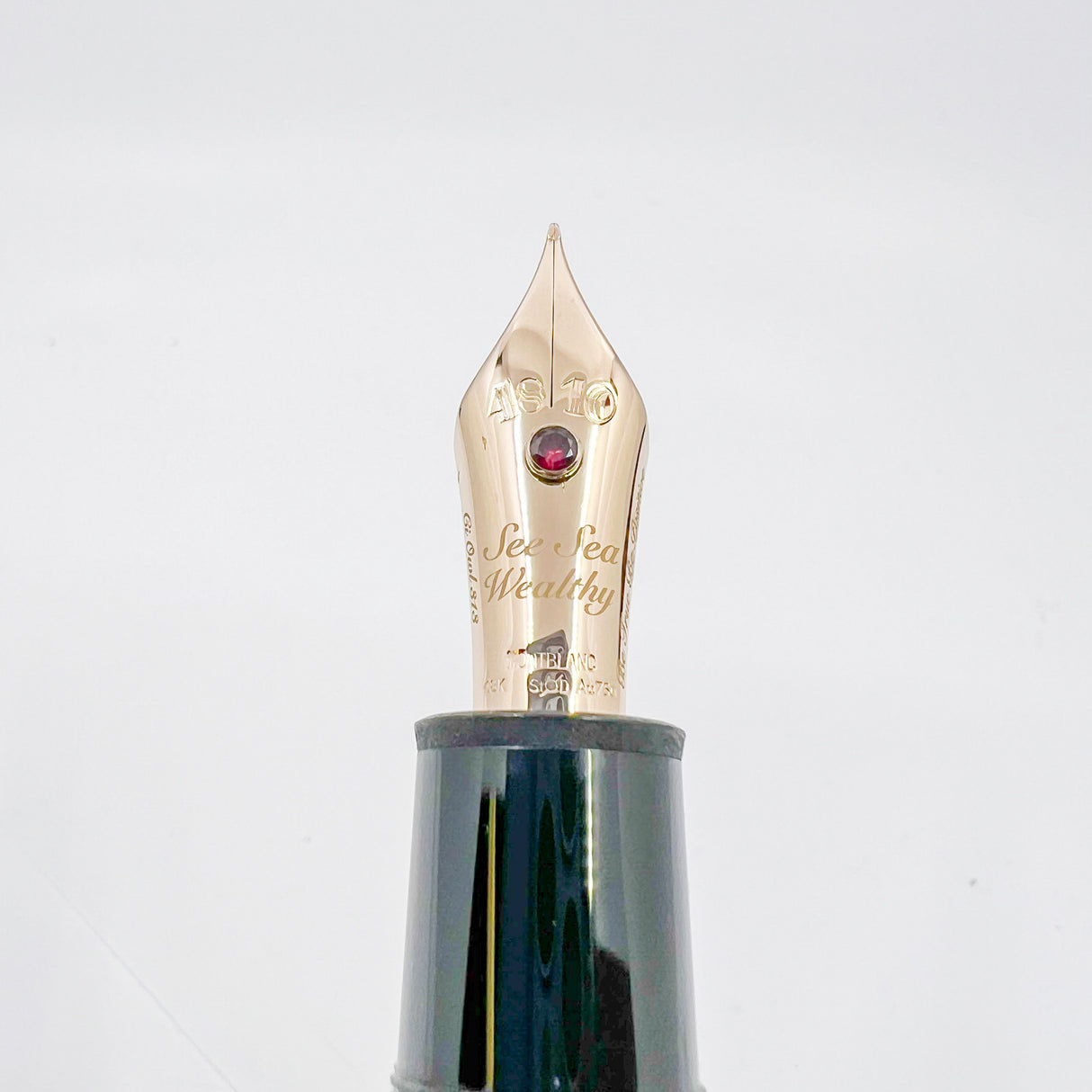Montblanc Special Order Meisterstuck #149 (Largest) Fountain Pen - Bespoke Fine 18kt Gold Nib with Authentic  Ruby  Embedded + Special Nib Engraving