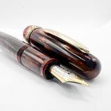 Stipula Early Etruria Variegated Burgundy & Amber Celluloid Fountain Pen- 9kt Gold Cap Band & Trim  -   Fine 18Kt Gold Nib