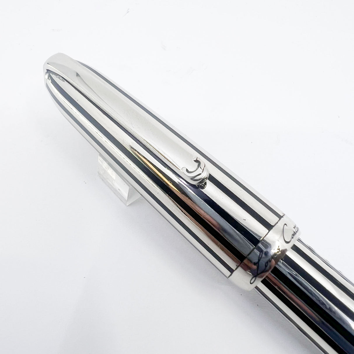 Louis Cartier Dandy Platinum Plated & Black Lacquered Striped Limited Edition Fountain Pen - Medium 18kt Gold Nib - A Perfect User!