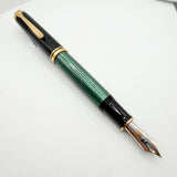 Pelikan Souveran M1000 Black/Green Striped Fountain Pen (Largest)  - Fine 18kt Gold Nib