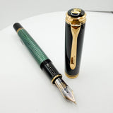 Pelikan Souveran M1000 Black/Green Striped Fountain Pen (Largest)  - Fine 18kt Gold Nib