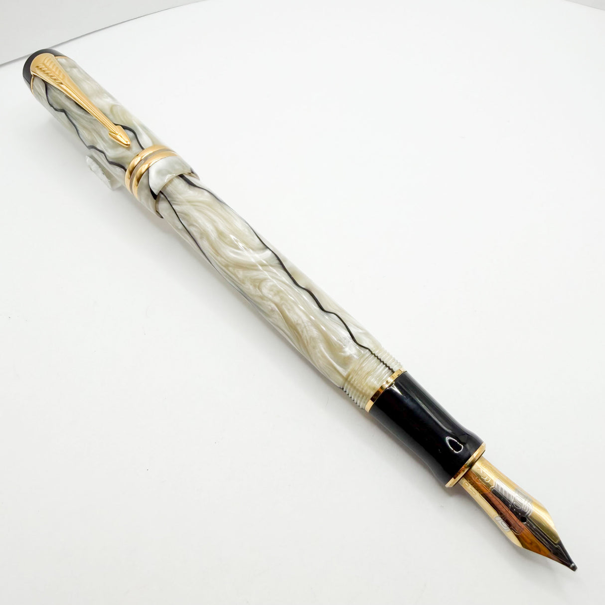 Parker Duofold Centennial (Largest) Lustrous  Pearl & Black Fountain Pen - Medium Italic 18kt Gold Nib