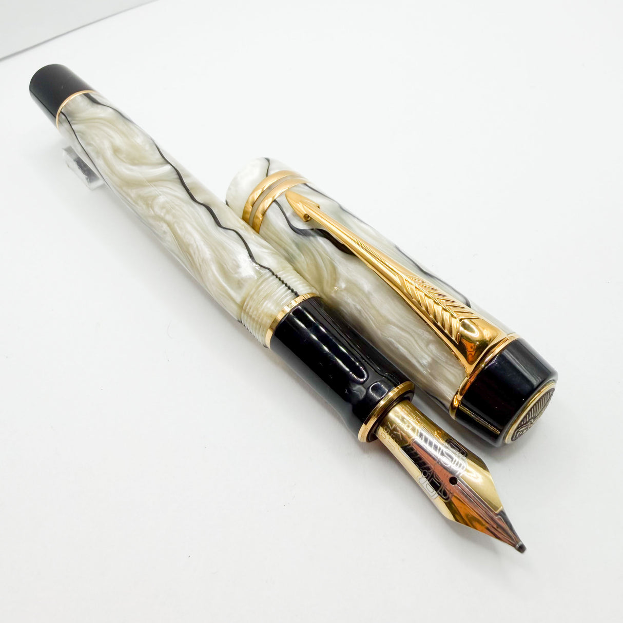 Parker Duofold Centennial (Largest) Lustrous  Pearl & Black Fountain Pen - Medium Italic 18kt Gold Nib
