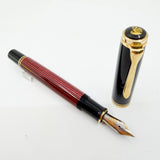 Pelikan M800 Black/Red Striped Fountain Pen - The Original! - Fine 18kt Gold Nib