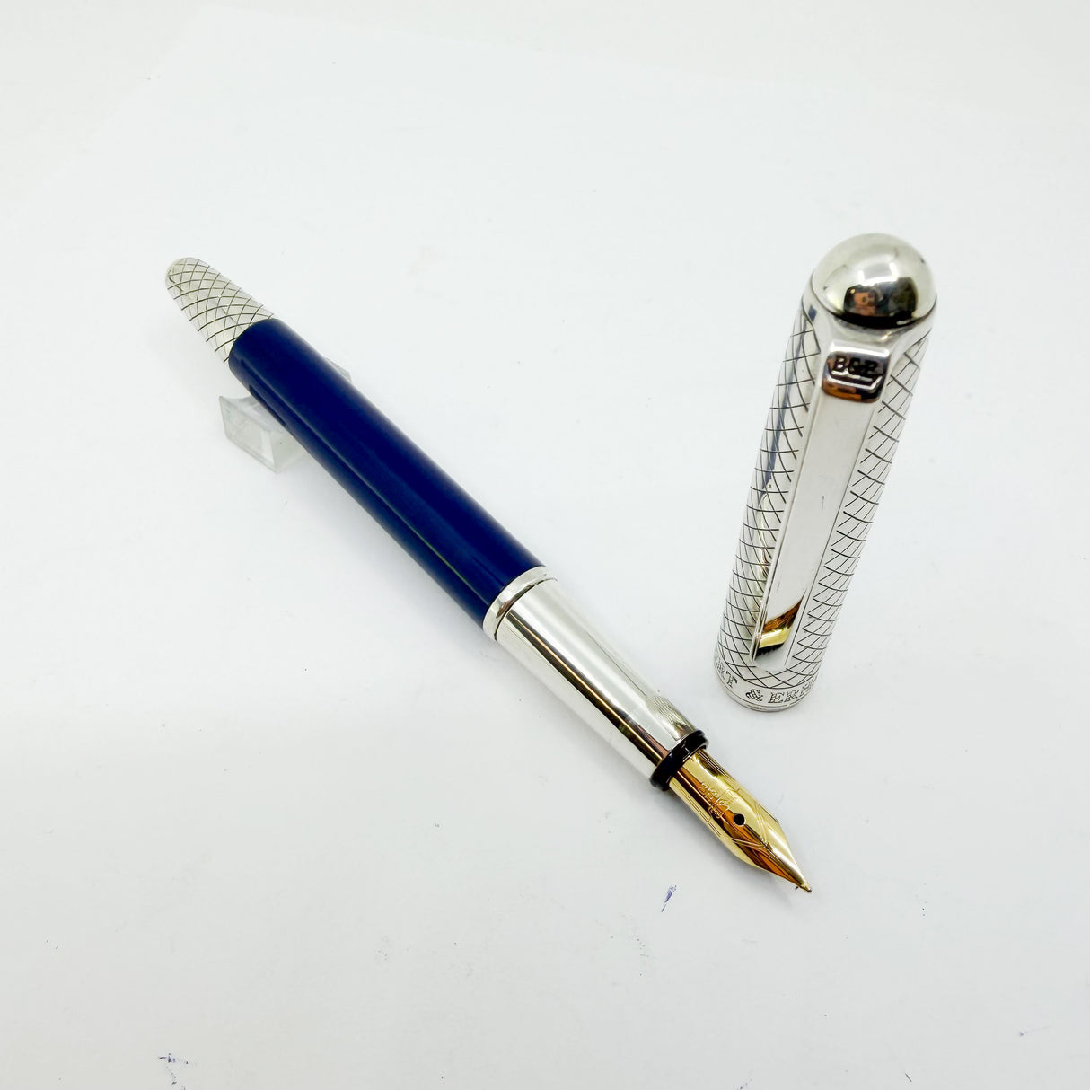 Bossert & Erhard Sterling Silver/Blue Enamel  Fountain Pen - Medium 18kt Gold Nib