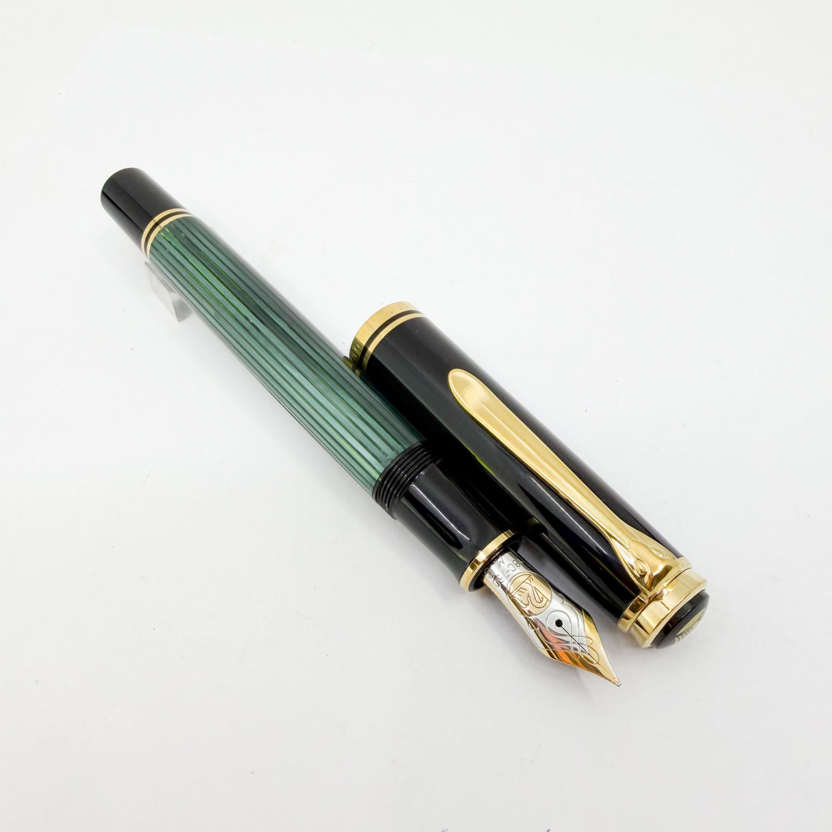Pelikan M800 Souveran Black Cap & Green Striped Barrel Fountain Pen -  Medium 18kt Gold "PF" Nib