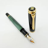 Pelikan M800 Souveran Black Cap & Green Striped Barrel Fountain Pen -  Medium 18kt Gold "PF" Nib