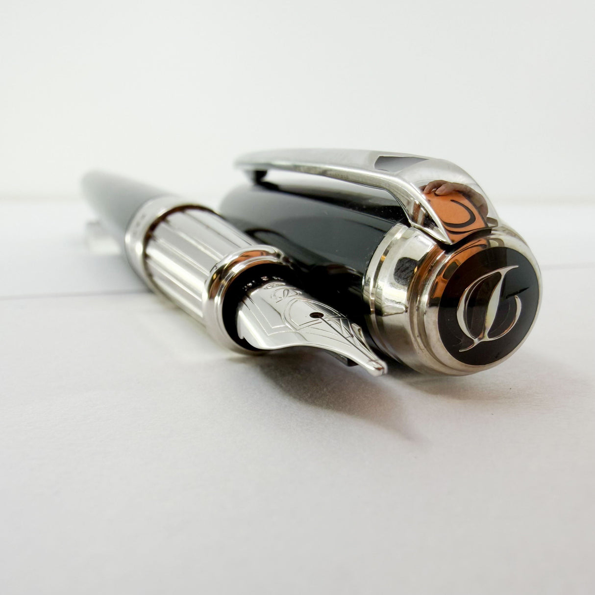 S. T. Dupont  Line D  Eternity Black Lacquer Large Size  Fountain Pen - Palladium Plated Trim - Broad 14kt Gold Nib