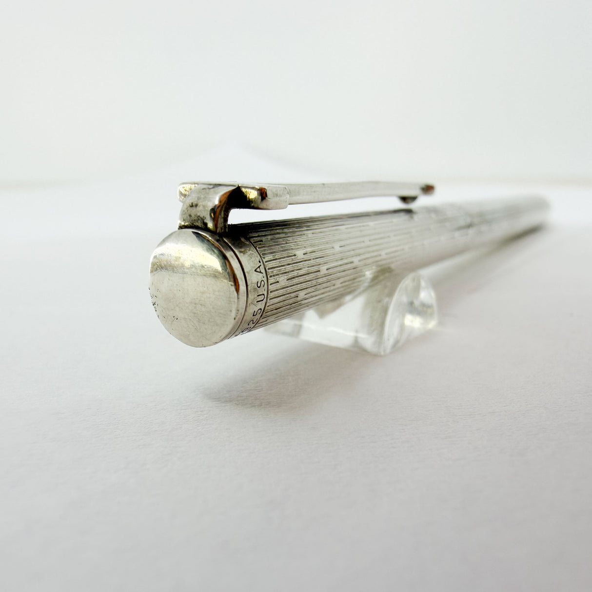 Tiffany Sterling Silver T Clip Ballpoint Pen in Unusual Line & Dot Pattern - Circa 1990s - Rare