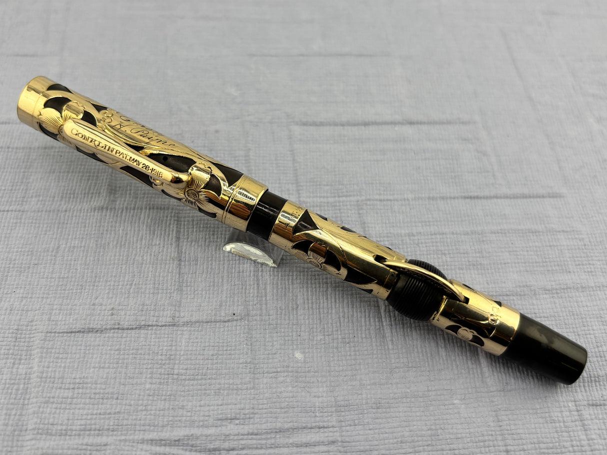 Conkin Crescent-Fill Gold-Filled Filigree Fountain Pen