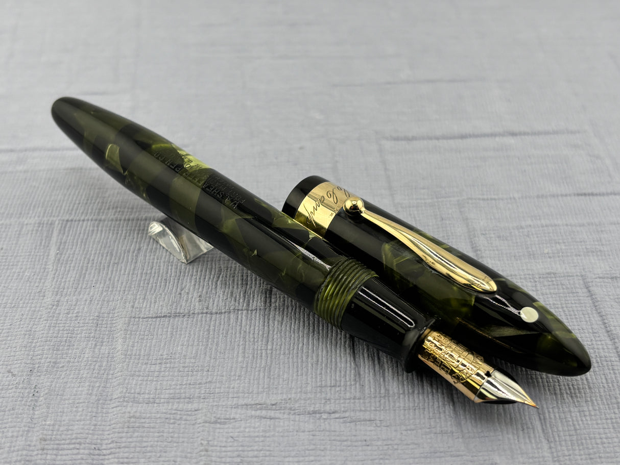Sheaffer White Dot Balance "Autograph" Green Marble (Marine Green) Fountain Pen - 14kt Gold Clip, Cap Band & Lever