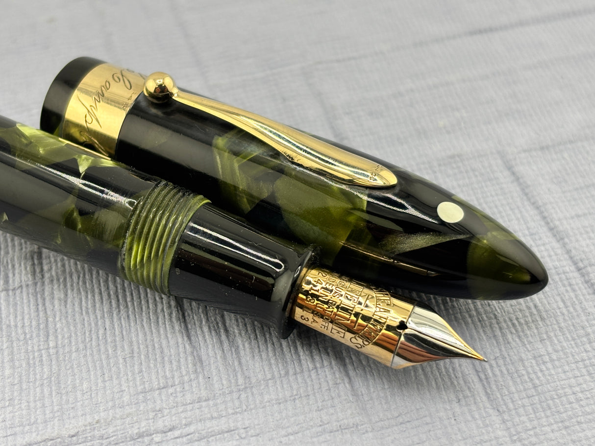 Sheaffer White Dot Balance "Autograph" Green Marble (Marine Green) Fountain Pen - 14kt Gold Clip, Cap Band & Lever