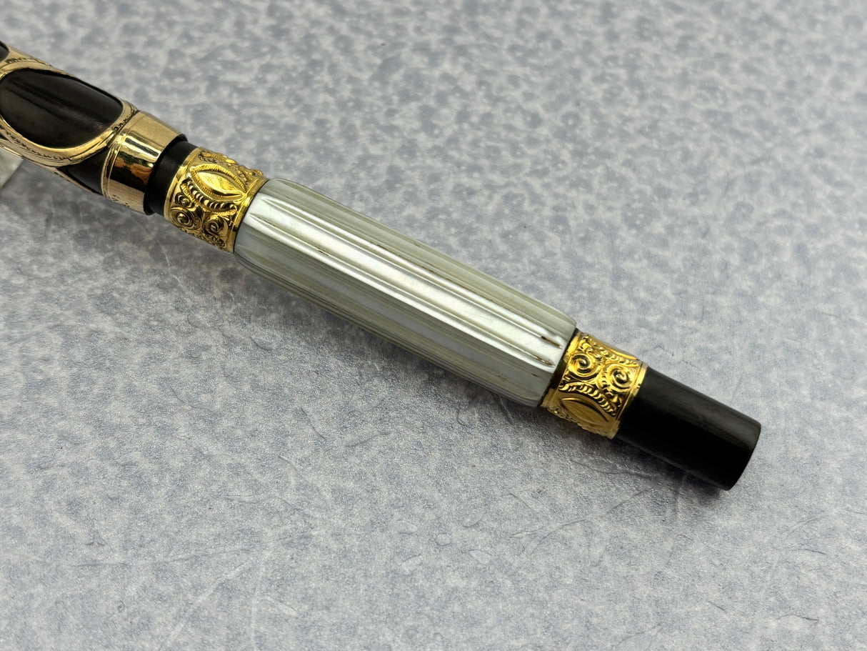 Parker # 15 Gold filled filigree with Fluted mother-of-pearl slabs eyedropper-fill Fountain Pen ca 1910-15