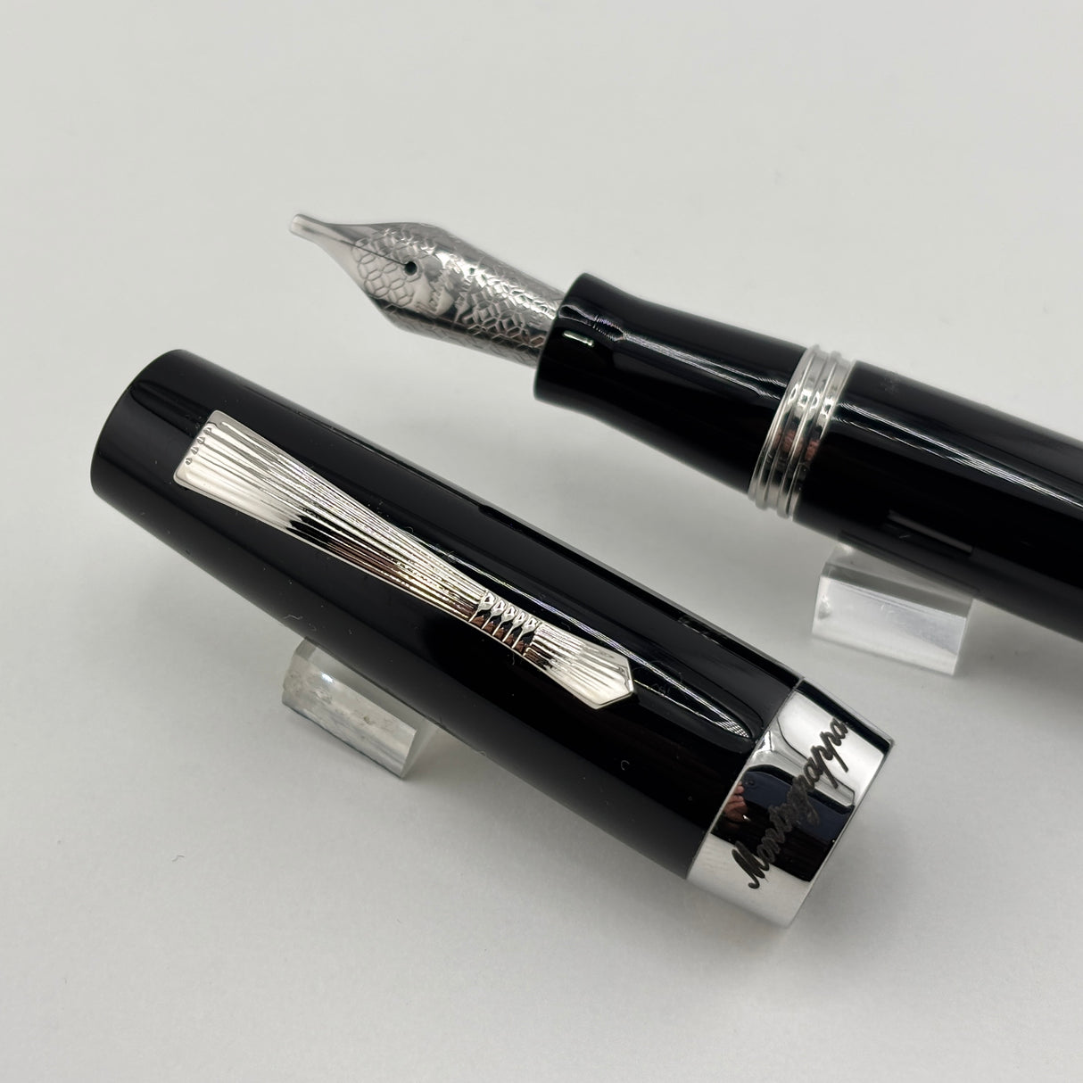 Montegrappa Black - Engraved Lines Clip Fountain Pen - Medium Stainless Steel Nib
