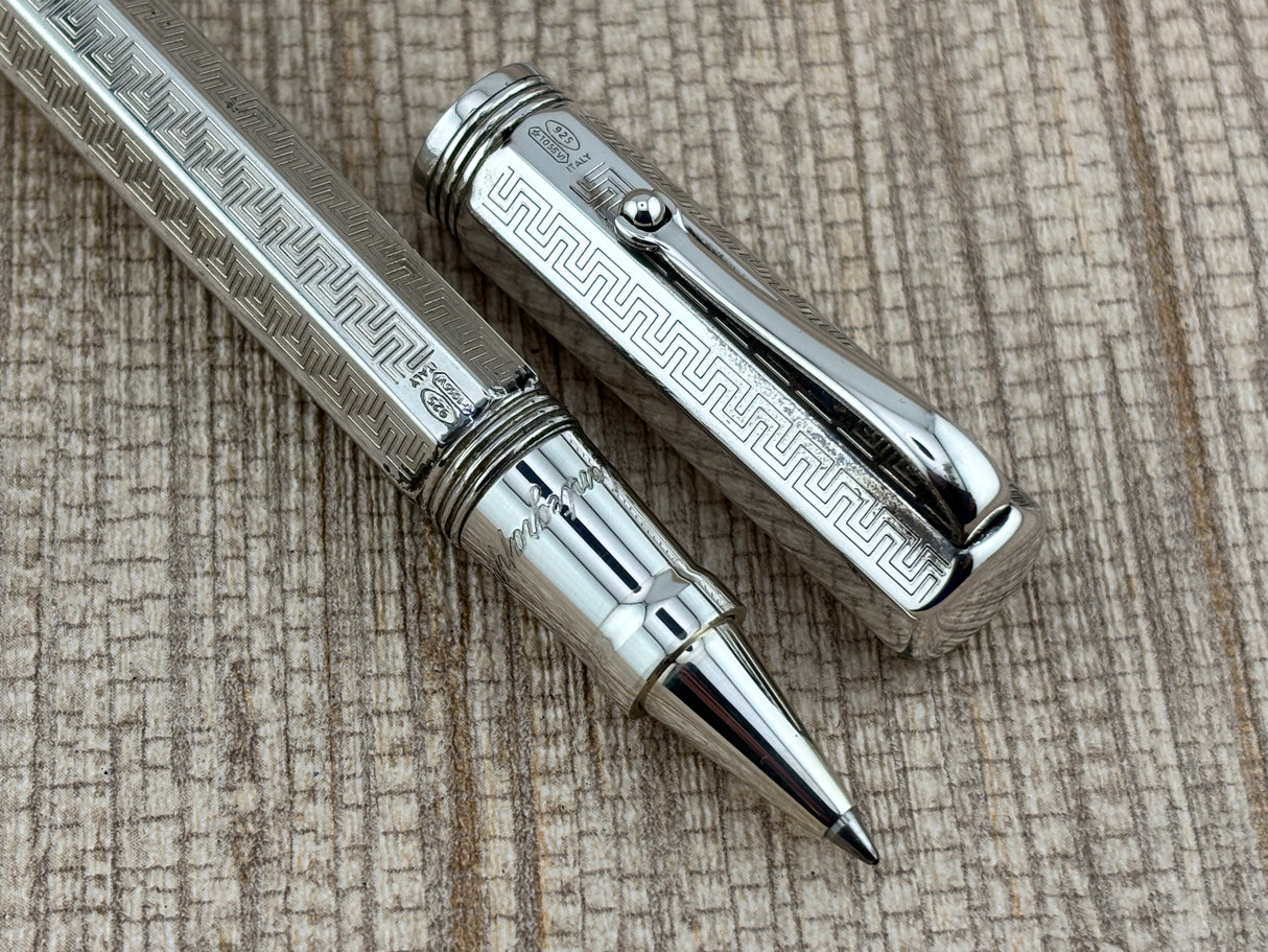 Montegrappa Mid-Size Reminiscence Sterling Silver Greek Key Pattern Faceted  Rollerball Pen