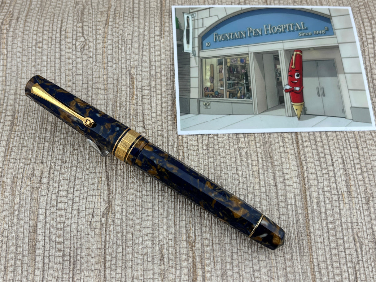 The Original Omas Paragon Celluloid Facetted Blue Saffron (aka Senappe) Mint Fountain Pen (1997) - Medium 18kt Gold Nib