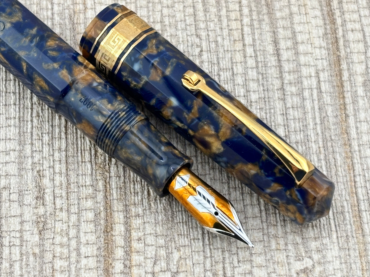 The Original Omas Paragon Celluloid Facetted Blue Saffron (aka Senappe) Mint Fountain Pen (1997) - Medium 18kt Gold Nib