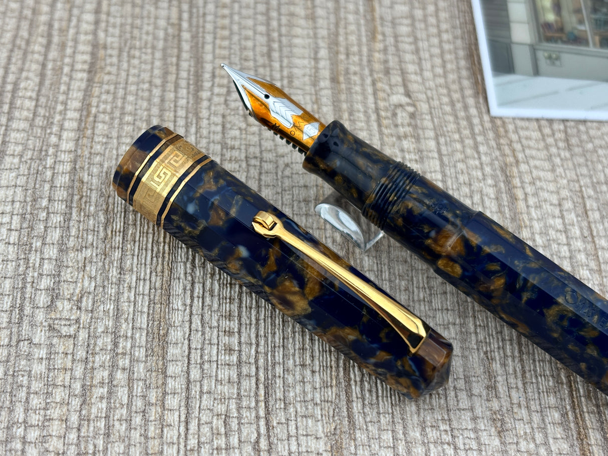 The Original Omas Paragon Celluloid Facetted Blue Saffron (aka Senappe) Mint Fountain Pen (1997) - Medium 18kt Gold Nib