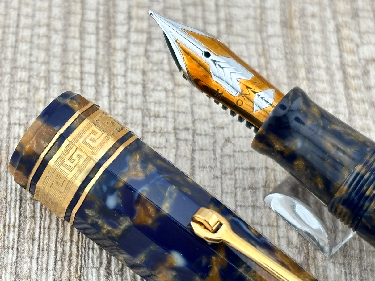 The Original Omas Paragon Celluloid Facetted Blue Saffron (aka Senappe) Mint Fountain Pen (1997) - Medium 18kt Gold Nib