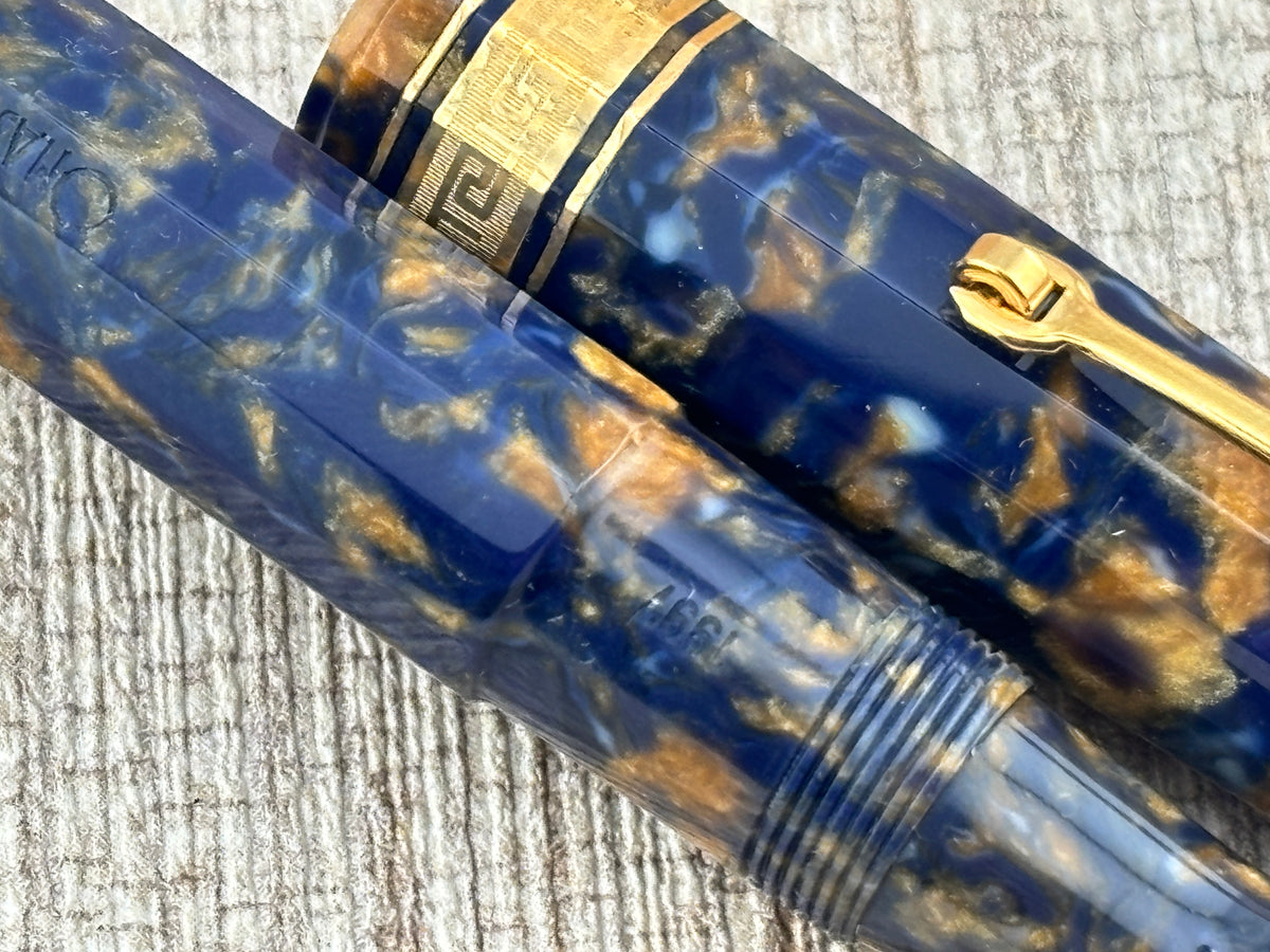 The Original Omas Paragon Celluloid Facetted Blue Saffron (aka Senappe) Mint Fountain Pen (1997) - Medium 18kt Gold Nib